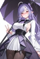 ahoge ai_generated black_pantyhose blush bow breasts brown_pantyhose center_frills closed_mouth cowboy_shot dress drill_hair female frills hairbow holding holding_umbrella large_breasts long_hair long_sleeves looking_at_viewer pantyhose pointy_ears purple_hair red_eyes shadowrealmarts shirt sideboob simple_background skirt smile solo umbrella uncensored v vivian_(zenless_zone_zero) white_background white_shirt zenless_zone_zero