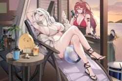 2girls armpits azur_lane bare_shoulders beach bikini bird black_gloves bottle braid breasts can cg chair cleavage colorado_(azur_lane) colorado_(sunset_cavatina)_(azur_lane) crossed_legs cup fingerless_gloves gloves hair_between_eyes hairband holding jacket large_breasts long_hair looking_at_viewer lying maryland_(azur_lane) maryland_(red-hot_drummer)_(azur_lane) multiple_girls o-ring o-ring_bikini official_alternate_costume official_art one_eye_closed open_clothes ponytail red_bikini red_eyes red_hair sandals sitting swimsuit table thighs white_bikini white_hair