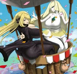 2girls absurd_res absurd_resolution absurdres ass bare_shoulders big_ass big_breasts big_butt blonde_hair boobs_and_butt_pose breasts breasts_bigger_than_head bubble_ass bubble_butt busty cleavage clothed clothed_female creatures_(company) curvaceous curvy curvy_female curvy_figure cynthia_(pokemon) dress fat_ass female female_focus female_only fully_clothed gamefreak gray_eyes green_eyes grey_eyes hi_res high_resolution highres hot_air_balloon huge_ass huge_breasts huge_butt jewel jewelry large_ass large_breasts light-skinned_female light_skin long_hair lusamine_(pokemon) matsumaruyama mature mature_female milf nintendo outdoors outside pale-skinned_female pale_skin pokemon pokemon_(game) pokemon_champion pokemon_dppt pokemon_sm shirona_(pokemon) sideboob tagme thick_ass thick_thighs thighs very_long_hair voluptuous voluptuous_female