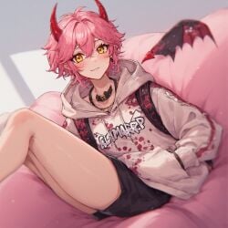 1boy ai_generated femboy perchance_ai pink_hair red_horns tagme thick_thighs yellow_eyes