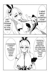 2koma animal_ears azur_lane banana bare_shoulders between_breasts blush breasts cg cleavage comic detached_collar english_text fake_animal_ears female fishnets food gloves greyscale hair_between_eyes high_ponytail kearsarge_(all-night_charge)_(azur_lane) kearsarge_(azur_lane) large_breasts leotard long_hair looking_at_viewer monochrome necktie necktie_between_breasts pantyhose pasties playboy_bunny ponytail rabbit_ears sexually_suggestive sidelocks speech_bubble strapless strapless_leotard