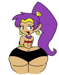 bedroom_eyes belly_dancer big_butt black_panties blue_eyes choker earrings gauntlets genie genie_girl gold_earrings gold_gauntlets gold_tiara humanoid hybrid_species hyper_butt hyper_hips hyper_thighs looking_at_viewer looking_back looking_over_shoulder pointy_ears ponytail_(hair) purple_choker purple_eyes red_bra red_top seductive seductive_smile shantae shantae_(character) tan_skin thick_thighs tiara valisemma wide_hips