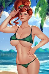 1girls alternate_breast_size big_breasts bikini breasts cleavage female female_only glasses_on_head green_bikini green_eyes human large_breasts pokemon pokemon_ss ponytail red_hair redhead side_ponytail solo sonia_(pokemon) sunglasses_on_head thong underboob v1mpaler