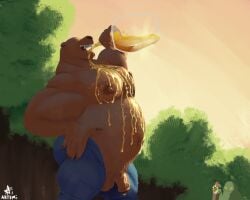 absurd_res anthro artemi balls barazoku bear belly biceps blue_bottomwear blue_clothing blue_pants bodily_fluids bottomwear brown_bear brown_body claws clothed clothing drenched drinking drinking_urine genital_fluids genitals grizzly_bear hand_on_hip hi_res male mammal muscular muscular_anthro muscular_male navel nipples open_mouth outside overweight overweight_anthro overweight_male pants pecs penis pubes smile solo teeth tight_bottomwear tight_clothing tight_pants tongue tongue_out topless urine urine_drip urine_in_container urine_in_mouth urine_on_body urine_on_chest ursine vein veiny_penis watersports wet