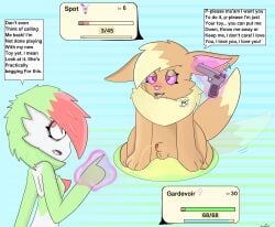 alternative_fashion animal_genitalia balls blush bodily_fluids brown_body brown_fur canid canine digital_media_(artwork) duo eevee eeveelution emo eye_bags fan_character female female/female feral fur gardevoir genital_fluids genitals gun hair hi_res humanoid hypnosis hypnotic_eyes interspecies male male/female mammal mean mind_control nintendo not_furry nude obscured_eyes obsessed open_mouth penile penis pokemon pokemon_(species) pokephilia puddle ranged_weapon ratboyheart_(artist) red_eyes simple_background smile spiral spiral_eyes spot_(ratboyheart) tail tail_motion tailwag text urine watersports weapon white_body
