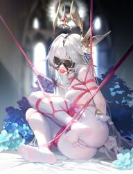 absurdres arms_behind_back ball_gag bed_sheet bilingual_commentary blindfold blue_flower blue_ribbon blurry blurry_background blush bodysuit bondage bound bound_ankles bound_arms bound_legs bound_thighs bound_torso breasts chinese_commentary commentary_request commission double-parted_bangs double_v english_commentary feet female floating_headgear flower flowerscur gag hair_between_eyes hair_flower hair_ornament hair_ribbon headgear highres indoors long_hair medium_breasts mixed-language_commentary no_shoes original pixiv_commission red_rope remote_control_vibrator ribbon rope sex_toy shibari_over_clothes skindentation soles solo toes v variant_set very_long_hair vibrator vibrator_cord white_bodysuit white_flower