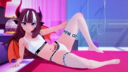 1girls 3d bed bleached bleached_clothing bra breasts demon_girl demon_horns demon_tail female female_only highlights_(coloring) koikatsu long_hair looking_at_viewer panties phase_connect phase_euphoria purple_eyes queen_of_hearts red_hair saya_sairroxs small_breasts smile solo tail tattoo tattoo_on_belly thighhighs virtual_youtuber wings