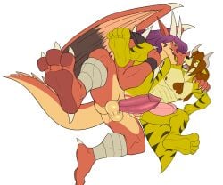 aero_(aeromagazines) anthro balls bovid bovine canid canine claws cuddling dragon duo erection european_mythology felid genitals greek_mythology hi_res horn hybrid justice_(zenshu) male male/male mammal minotaur mythological_canine mythological_creature mythological_scalie mythology nipples nude pantherine penis piercing scalie seyrmo shoulder_pads spike_(disambiguation) tail tiger werecanid werecanine werecreature werewolf wings