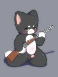 absurd_res anthro balls blush blush_lines domestic_cat felid feline felis flirting_look genitals green_eyes gun hi_res male male/male mammal ranged_weapon rileypeyton small_balls solo tuxedo_cat weapon