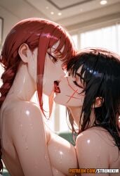 2girls 2women ai ai_generated ass big_ass big_breasts blush breasts breasts_focus chainsaw_man duo face_focus french_kiss french_kissing hi_res high_quality high_resolution highres kissing legs lesbian_couple lesbian_kiss light-skinned_female light-skinned_male looking_at_viewer looking_down makima_(chainsaw_man) medium_breasts nsfw nude panting patreon patreon_logo patreon_url patreon_username pressed_together strunikim sweat sweatdrop sweating sweaty thick_thighs thighs tongue tongue_out yoru_(chainsaw_man) yuri yuri