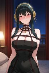 ai_generated bare_shoulders bed bedroom black_dress black_hair blush breasts cleavage closed_mouth covered_navel curtains dress earrings female flower gold_earrings gold_hairband hair_flower hair_ornament hairband indoors jewelry lamp large_breasts long_hair looking_at_viewer night night_sky on_bed pillow red_eyes rose shadowrealmarts sidelocks sky smile solo spy_x_family taut_clothes uncensored window yor_briar