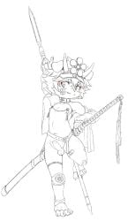alternate_version_at_source anthro armor balls canid canine clothed clothing collar foreskin genitals headgear helmet hi_res humanoid_genitalia humanoid_penis katana kemono line_art male mammal melee_weapon penis shigouki simple_background skimpy solo sword weapon white_background