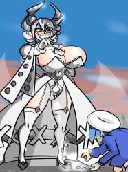 2girls big_breasts breasts demon demon_girl demon_horns female fetish hi_res horns huge_breasts humiliation labrynth_of_the_silver_castle laugh laughing leotard lil-la_(yu-gi-oh!) live_twin_lil-la looking_down lovely_labrynth_of_the_silver_castle money princess silver_eyes touijou777 white_hair wings yu-gi-oh!