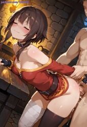 1boy 1girls ai ai_generated anime anime_style asymmetrical_legwear bandage bandages bent_over blush blush brown_hair chiriai cleavage closed_eyes closed_eyes collar cum_in_pussy cum_overflow dress fingerless_gloves gloves grin high_resolution highres holding_another's_wrist kono_subarashii_sekai_ni_shukufuku_wo! large_penis leaning_forward megumin nude nude_male off-shoulder_dress off_shoulder patreon patreon_username pussy_juice red_eyes sex_from_behind short_dress smile standing standing_sex sweat sweating thick_thighs thighhighs thighs vaginal_penetration wide_hips wrist_grab