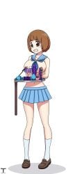 1girls arms_behind_back belt big_breasts blue_skirt blue_tie bondage breasts brown_eyes brown_hair female functionally_nude functionally_nude_female humiliation kill_la_kill mankanshoku_mako navel nipple_clamp nipples only_female servi serving_tray sex_toy short_hair skirt slave solo thighs tied_arms tony_x_play tonyxplay torture tray white_socks