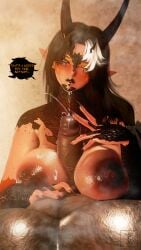 3d black_hair cum_on_breasts cum_on_face cumshot dark-skinned_female dark-skinned_male dark_skin final_fantasy_xiv gpose(ffxiv) nayuissleepy talking_to_viewer titjob titjob