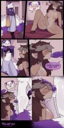 absurd_res anthro antlers balls blush bodily_fluids breasts canid canine clothed clothing comic cum deer dialogue duo english_text fellatio female female_penetrated femboy fluffy fluffy_tail fox fur genital_fluids genitals gloves_(marking) green_eyes heart_symbol hi_res highlights_(coloring) hooves horn knot knotted_penis leaking_cum leg_markings looking_pleasured male male/female male_penetrating male_penetrating_female mammal markings masturbation mirande_(deustchy) multi_tail multicolored_body multicolored_tail multiple_scenes neck_tuft nervous nude oral orgasm paws penetration penile penis purple_ears purple_eyes purple_penis rook_(rookarino4277) sex skinny socks_(marking) sonofan speech_bubble tail text tuft undressing white_body