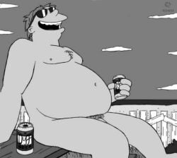 beer_can bottle can cigarette cloud cup dated fat greyscale holding_cigarette monochrome nude open_mouth outdoors signature sitting sky smoke smoking solo sunglasses teeth
