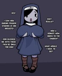 1girls 2d big_breasts breast_grab breasts color colored cross dialogue dress english english_text female female_only heart heart_symbol holding_breasts implied_pov large_breasts nun nun_hat nun_outfit nunii shoes socks solo solo_female tattoo tattoo_on_cheek text uniimom