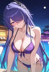 acheron_(honkai:_star_rail) ai_generated alternate_costume bare_arms bare_shoulders bikini blush breasts cleavage closed_mouth collarbone cowboy_shot female front-tie_bikini_top front-tie_top full_moon hair_ornament hair_over_one_eye halterneck honkai_(series) large_breasts long_hair looking_at_viewer moon navel night night_sky outdoors pool purple_bikini purple_eyes purple_hair shadowrealmarts side-tie_bikini_bottom sky solo stomach string_bikini swimsuit thighs uncensored very_long_hair water wet