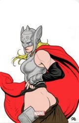 1girls armor artist_name ass blonde_hair cape color colored female female_only frank_cho helmet jane_foster lady_thor long_hair marvel marvel_comics solo thor_(series) wardrobe_malfunction white_background white_eyes