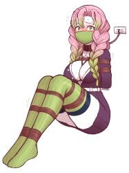 1girls arms_behind_back arms_tied_behind_back blush bondage bound bound_ankles bound_arms bound_legs bound_thighs box_tie breast_bondage chain_leash chained chains cleavage demon_slayer female female_only gag gagged gradient_hair kanroji_mitsuri kimetsu_no_yaiba looking_at_viewer negieggy over_the_nose_gag pink_hair rope_bondage solo_female thighhighs worried