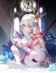 absurdres arms_behind_back bed_sheet bilingual_commentary blue_flower blue_ribbon blurry blurry_background blush bodysuit bondage bound bound_ankles bound_arms bound_legs bound_thighs bound_torso breasts chinese_commentary closed_mouth commentary_request commission double-parted_bangs double_v english_commentary feet female floating_headgear flower flowerscur hair_between_eyes hair_flower hair_ornament hair_ribbon headgear highres indoors long_hair looking_at_viewer medium_breasts mixed-language_commentary no_shoes original pixiv_commission red_rope ribbon rope shibari_over_clothes skindentation smile soles solo toes v variant_set very_long_hair white_bodysuit white_flower yellow_eyes