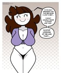 1girls ^_^ accurate_art_style arms_behind_back black_panties blush breasts brown_hair cleavage closed_eyes clothing collarbone crop_top english_text facing_viewer female front-tie_top highleg highleg_panties huge_breasts jaiden jaiden_(jaiden_animations) jaiden_animations jaidenanimations large_breasts long_hair navel nervous_smile no_nose panties sexually_suggestive shirt smile solo steca sweat thelazyart thong tied_shirt underwear youtube youtuber youtuber_girl youtubers