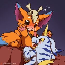 1:1 anal anal_sex animal_genitalia animal_penis animal_skin anthro anus ass bandai_namco blush bodily_fluids claws digimon digimon_(species) digital_media_(artwork) duo erection fangs fur gabumon genital_fluids genitals gnar_(lol) hi_res horn league_of_legends male male/male male_penetrated male_penetrating male_penetrating_male nude oral orange_body orange_fur pawpads penetration penis rimming rimming_male riot_games sex simple_background tail teeth tencent vitrex yellow_body yordle