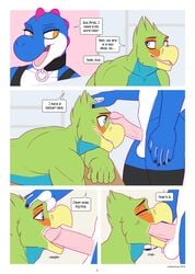 anthro avian balls bird blue_yoshi comic creaturecorp duo fellatio humanoid_penis kenneth_(creaturecorp) male mario_(series) nintendo oral penis sex sparkx video_games yaoi yoshi