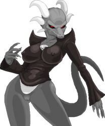 alpha_channel anthro black_sclera bottomless breasts claws drace dragon female horn nipple_bulge pussy red_eyes solo transparent_background warnerc