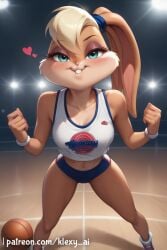 ai_generated anthro ass athletic athletic_anthro athletic_female ball_(object) barefoot basketball basketball_(ball) basketball_court blonde_hair bodily_fluids bottomwear bra braless buckteeth completely_nude eyshadow feet female fur hair hi_res klexyai lagomorph leporid lola_bunny looking_at_viewer looking_back looney_tunes makeup mammal no_bra rabbit smile solo standing sweat sweatdrop tail teeth toes