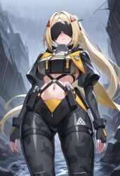 ai_generated ass_visible_through_thighs black_gloves blindfold blonde_hair blush breasts camouflage closed_mouth crop_top female fingerless_gloves gloves hair_ornament large_breasts long_hair long_sleeves midriff navel official_alternate_costume outdoors pants parted_bangs ponytail puffy_sleeves rain shadowrealmarts solo standing stomach trigger_(zenless_zone_zero) uncensored very_long_hair virtual_youtuber wet zenless_zone_zero