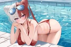 ass azur_lane bare_arms bare_shoulders bent_over bikini blush breasts cg chao_ho_(azur_lane) chao_ho_(azure_ripples_shimmering_sun)_(azur_lane) cleavage closed_mouth cone_hair_bun double_bun eyewear_on_head female hair_between_eyes hair_bun halterneck hanging_breasts large_breasts leaning_forward long_hair looking_at_viewer multicolored_hair o-ring o-ring_bikini official_alternate_costume pool poolside purple_eyes red_bikini red_hair solo split-color_hair streaked_hair string_bikini sunglasses swimsuit thighs thong_bikini two-tone_hair water white_hair