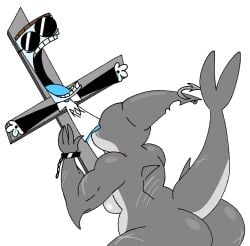 2025 anthro arm_scar ass back_scar blue_tongue breasts clothing crucifixion dorsal_fin duo female fin fish fish_hook fish_hook_piercing for_a_head grey_body hi_res hook implied_oral itz_not_v jarhead_(itz_not_v) male male/female marine notched_fin object_head open_mouth pain piercing scar shark shirt simple_background tail_scar teeth tongue topwear wearing_sunglasses white_background