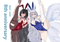 2girls alternate_costume animal_ear_fluff animal_ears armpits azur_lane bare_shoulders black_hair blue_eyes blue_leotard bow bowtie breasts brown_pantyhose cg character_name cleavage closed_mouth covered_navel detached_collar fake_animal_ears female flexible fox_ears fox_girl fox_tail grey_hair highleg highleg_leotard kitsune kyuubi large_breasts leg_lift leg_up leotard long_hair looking_at_viewer multiple_girls multiple_tails nail_polish official_alternate_costume official_art one_side_up pantyhose playboy_bunny rabbit_ears red_bow red_bowtie red_eyes red_leotard red_nails shinano_(azur_lane) shinano_(visions_of_fantasy)_(azur_lane) simple_background smile split standing standing_on_one_leg standing_split strapless strapless_leotard taihou_(azur_lane) taihou_(fun_on_the_baize)_(azur_lane) tail thigh_strap thighhighs thighs torn_clothes torn_pantyhose v very_long_hair white_background white_collar white_hair white_thighhighs white_wrist_cuffs wrist_cuffs