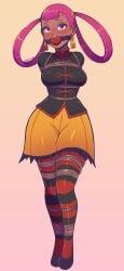 1girls arms_behind_back arms_tied_behind_back aroused ball_gag blunt_bangs blush bondage bound bound_ankles bound_arms bound_legs bound_thighs breast_bondage dark-skinned_female dark_skin female female_only gag gagged gradient_background looking_at_viewer negieggy npc_trainer orange_eyes pink_hair pokemon pokemon_masters pokemon_masters_ex punk_girl_(pokemon) punk_girl_(pokemon_masters) rope_bondage sharp_teeth solo_female striped_legwear tassel_earrings