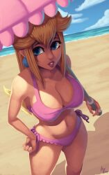 beach beach_umbrella bikini blonde_hair blue_eyes breasts cleavage cloud covered_nipples day female hand_on_hip horizon jewelry large_breasts lips long_hair navel ocean outdoors parasol pink_bikini princess_peach sand shade shore side-tie_bikini signature sky solo swimsuit tan tanlines umbrella water