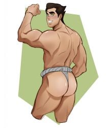 1boy ass avatar_legends bara black_hair bolin bonube flexing_bicep fundoshi fundoshi_only gay green_eyes human male muscular muscular_male nickelodeon sketch smile solo_male the_legend_of_korra yaoi