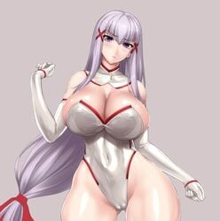 bangs bare_legs bare_shoulders blush breasts cameltoe cleavage clenched_hands covered_navel cowboy_shot detached_collar elbow_gloves enjou_sakuya female frown gloves grey_background groin hair_ornament hair_ribbon hairclip hand_up head_tilt highleg highleg_leotard highres hips huge_breasts lavender_hair legs leotard long_hair looking_at_viewer low-tied_long_hair neck original purple_eyes revealing_clothes ribbon rindou_(radical_dream) rindou_aya serious shiny shiny_clothes shiny_hair shiny_skin sideboob sidelocks silver_hair simple_background solo standing strapless thick_thighs thighhighs thighs thong_leotard turtleneck very_long_hair white_gloves white_legwear wide_hips