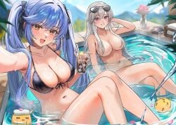 2girls :d arm_up armpits azur_lane bathing bathtub bikini bird black_bikini black_ribbon blue_hair blush breasts cg cleavage collarbone convenient_censoring cup day enterprise_(azur_lane) essex_(azur_lane) eyewear_on_head female flower front-tie_top grey_hair hair_censor hair_over_breasts hair_ribbon holding holding_cup large_breasts long_hair looking_at_viewer multiple_girls navel nude official_alternate_costume open_mouth outdoors partially_submerged petals pool purple_eyes selfie sitting smile stomach sunglasses swimsuit thighs twintails very_long_hair water wet white_hair