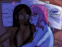 2girls after_sex alien_girl begging black_hair blue_skin blush breasts dark_skin desperation erect_nipples female female_focus girl_on_girl girls_only glasses heart-shaped_pupils horny_female huge_breasts humping long_hair orginal_character pink_hair rubbing squeezing_breasts sweat sweaty_body yuri