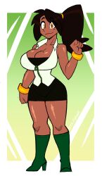 big_breasts black_hair breasts cleavage dark-skinned_female dark-skinned_male female furiousart gold_eyes golden_bracelets heels imani_(zrfurious) jacket mole_on_breast mole_under_eye ponytail skirt thick_thighs thighs zipper zipper_pull_tab zrfurious