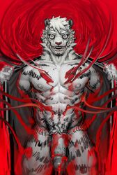 abs absurd_res anthro athletic bottomless clothed clothing creepy_smile felid fhcat flaccid foreskin front_view genitals hair hi_res humanoid_genitalia humanoid_penis male mammal nightmare_fuel open_clothing open_shirt open_topwear pantherine penis red_background retracted_foreskin shirt simple_background smile smirk solo spiral spiral_eyes standing striped_body stripes tiger topwear uncircumcised white_body white_hair