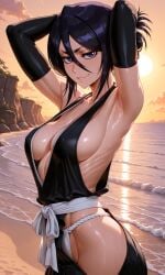 1girls ai_generated arms_behind_head ass beach bleach breasts female female_only hair_between_eyes kuchiki_rukia light-skinned_female pixai sideboob smirk solo soul_reaper sunset sweating voluptuous