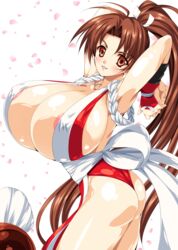 1girls areola_slip arm_up ass breasts brown_eyes brown_hair bursting_breasts fatal_fury huge_breasts king_of_fighters long_hair mai_shiranui ninja ponytail smash_daisaku snk solo tied_hair