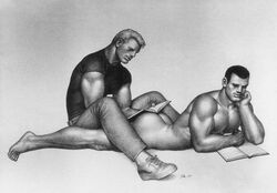 2boys ass book duo gay greyscale male male_only monochrome multiple_boys original_character straight_hair tom_of_finland