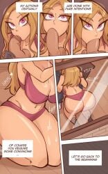 1boy 1girls ass back_view balls belly_button big_ass big_breasts big_penis blonde_hair blowjob bodily_fluids bra breasts busty circumcised cleavage clothed clothed_female clothing curvaceous curvy duo english_text fellatio female footwear front_view genitals hair half-erect holding_penis hourglass_figure human human_only interracial kneeling kneeling_oral_position large_ass large_breasts large_penis legs_together light-skinned_female light_skin long_hair looking_at_viewer male male/female male_pov max_gilman_(saucymojo) navel onomatopoeia open_mouth oral oral_penetration oral_sex original original_character panties partial_male penis penis_in_mouth pink_bra pink_clothing pink_eyes pink_panties pov pov_eye_contact saliva saliva_drip saucymojo shoes stomach straight sucking sucking_penis tan-skinned_male tan_skin tatiana_arkwright_(saucymojo) testicles text text_box thick_thighs thighs unseen_male_face wide_hips