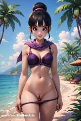 1girls ai_generated beach beach_umbrella bikini black_eyes black_hair blue_sky blush bow bra breasts chi-chi_(dragon_ball) chichi cleavage cloud cowboy_shot day dragon_ball dragon_ball_z female hair_bun hi_res looking_at_viewer medium_breasts navel ocean outdoors palm_tree panties panty_pull parted_lips patreon_logo patreon_username progenarts pulled_by_self purple_bikini purple_scarf pussy sand scarf single_hair_bun sky smile solo starfish swimsuit tree uncensored underwear water web_address