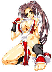 1girls breasts brown_eyes brown_hair fatal_fury female female_only human king_of_fighters large_breasts mai_shiranui ninja ponytail shiny shiny_skin simple_background smash_daisaku solo tied_hair white_background